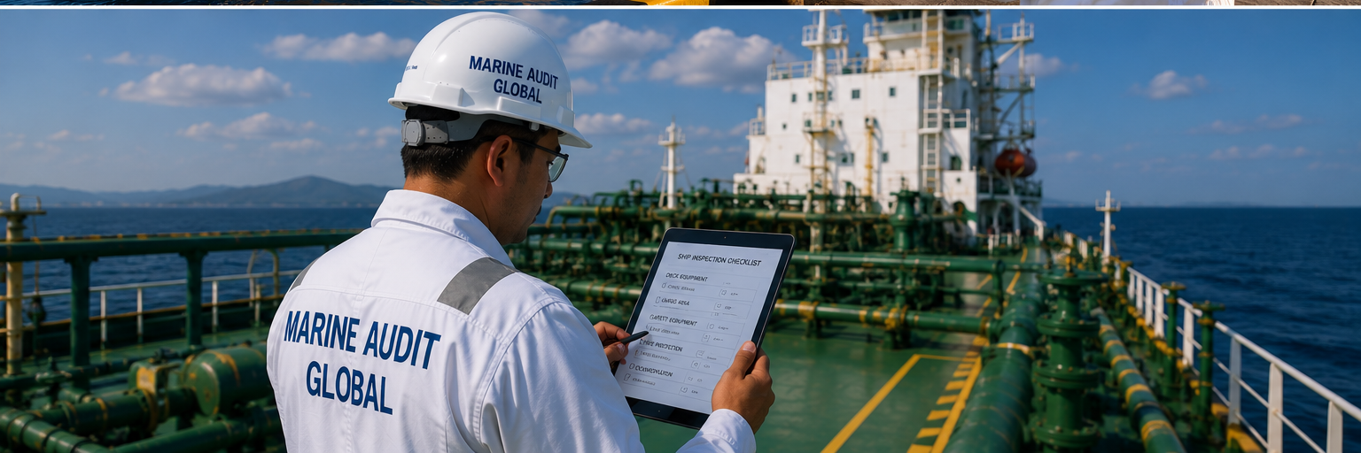 Marine surveyor conducting vessel deck inspection during marine assurance audit